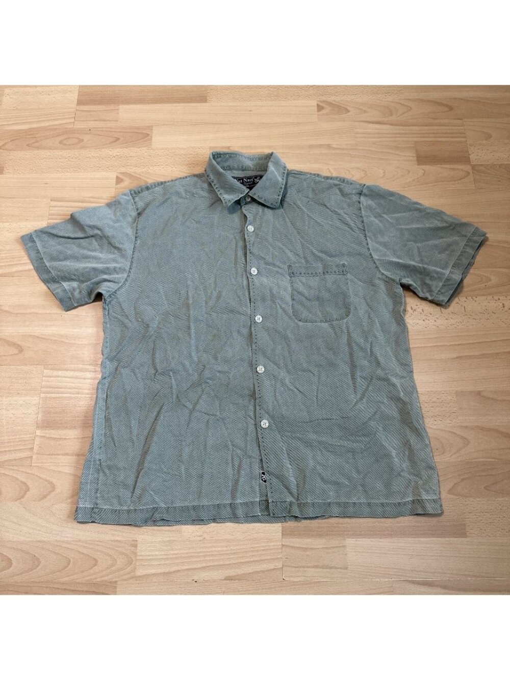 Nat Nast Luxury Originals Shirt Men Large Silk Blend Short Sleeve Stitch Green